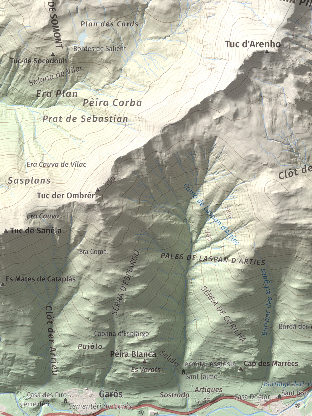 Mapa de relieve de Tuc dera Pincèla, 2536 m, Val d'Aran, lámina 100 Cims de Trobart. Detalle de la zona inferior izquierda. 30 × 40 cm.
