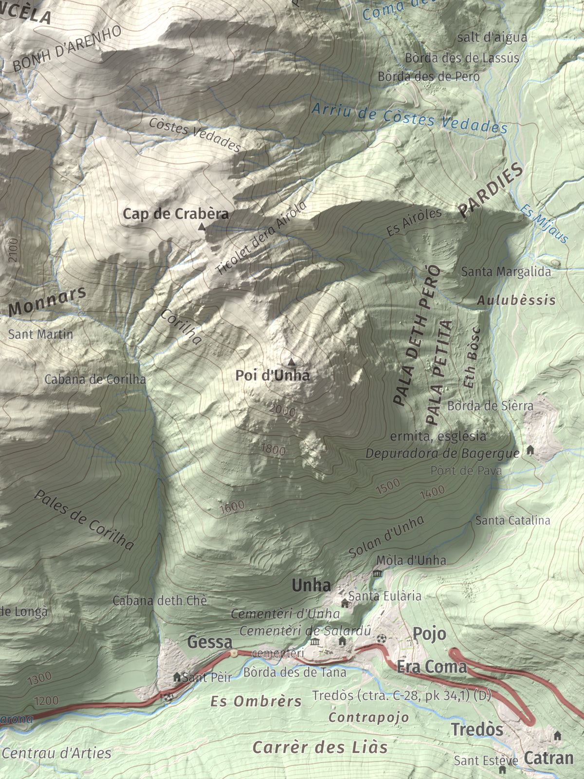 Mapa de relieve de Tuc dera Pincèla, 2536 m, Val d'Aran, lámina 100 Cims de Trobart. Detalle de la zona inferior derecha. 30 × 40 cm.
