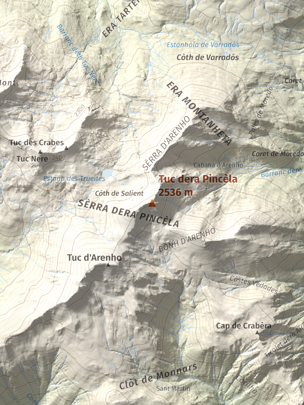 Mapa de relieve de Tuc dera Pincèla, 2536 m, Val d'Aran, lámina 100 Cims de Trobart. Detalle de la zona central. 30 × 40 cm.