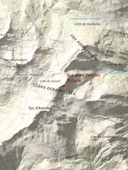Mapa de relieve de Tuc dera Pincèla, 2536 m, Val d'Aran, lámina 100 Cims de Trobart. Detalle de la zona central. 30 × 40 cm.