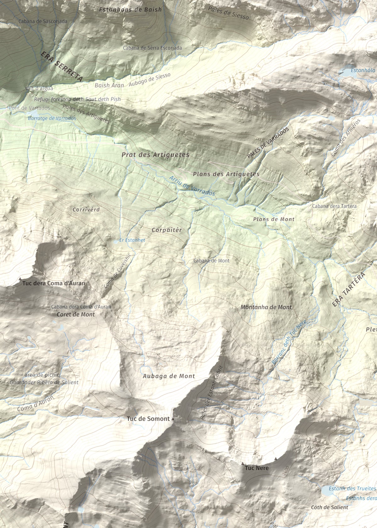 Mapa de relieve de Tuc dera Pincèla, 2536 m, Val d'Aran, lámina 100 Cims de Trobart. Detalle de la zona superior izquierda. 50 × 70 cm.