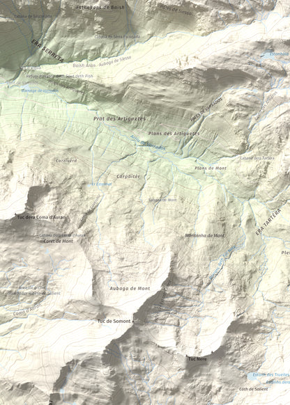 Mapa de relieve de Tuc dera Pincèla, 2536 m, Val d'Aran, lámina 100 Cims de Trobart. Detalle de la zona superior izquierda. 50 × 70 cm.