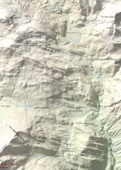 Mapa de relieve de Tuc dera Pincèla, 2536 m, Val d'Aran, lámina 100 Cims de Trobart. Detalle de la zona superior derecha. 50 × 70 cm.