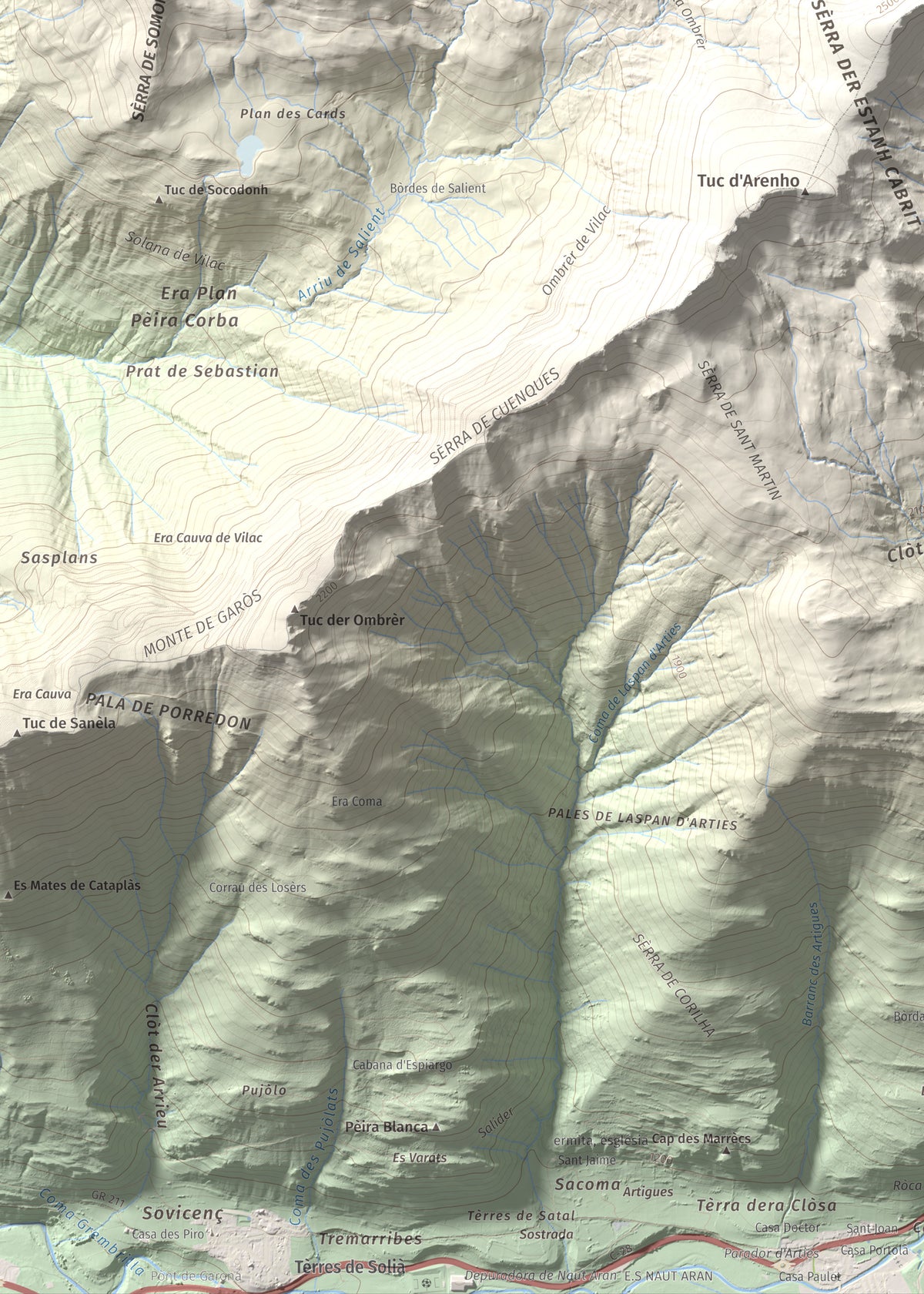 Mapa de relieve de Tuc dera Pincèla, 2536 m, Val d'Aran, lámina 100 Cims de Trobart. Detalle de la zona inferior izquierda. 50 × 70 cm.