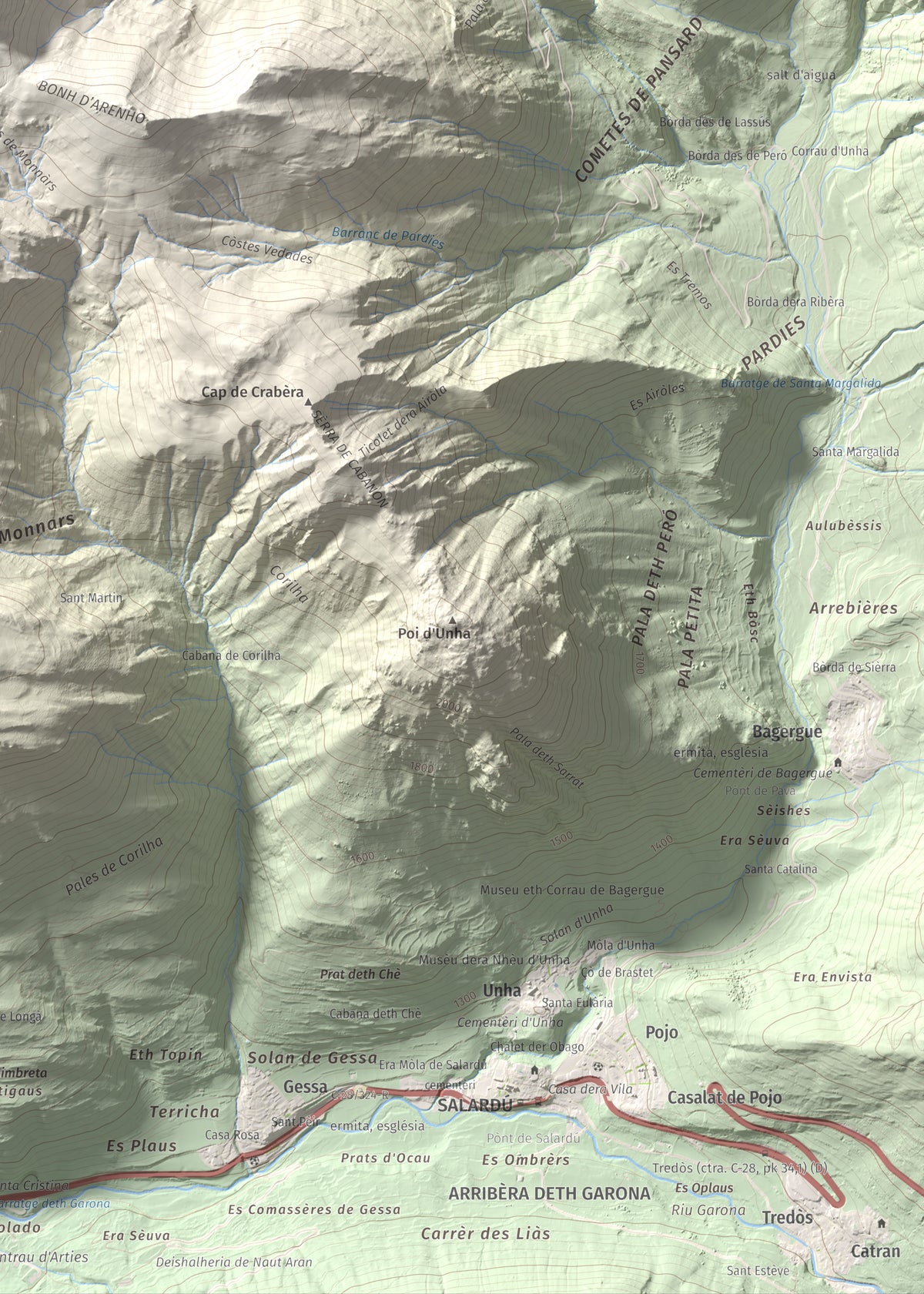 Mapa de relieve de Tuc dera Pincèla, 2536 m, Val d'Aran, lámina 100 Cims de Trobart. Detalle de la zona inferior derecha. 50 × 70 cm.