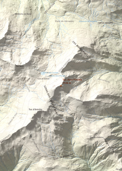 Mapa de relieve de Tuc dera Pincèla, 2536 m, Val d'Aran, lámina 100 Cims de Trobart. Detalle de la zona central. 50 × 70 cm.