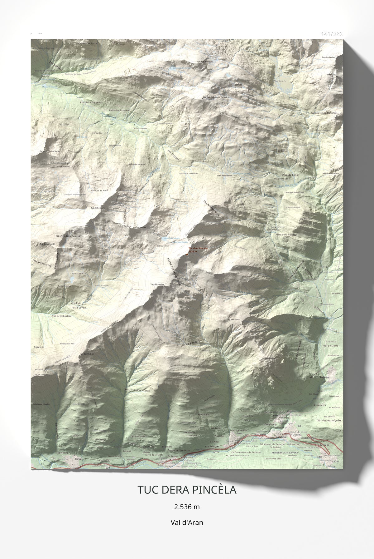 Mapa de relieve de Tuc dera Pincèla, 2536 m, Val d'Aran, lámina 100 Cims de Trobart 61 × 91 cm.