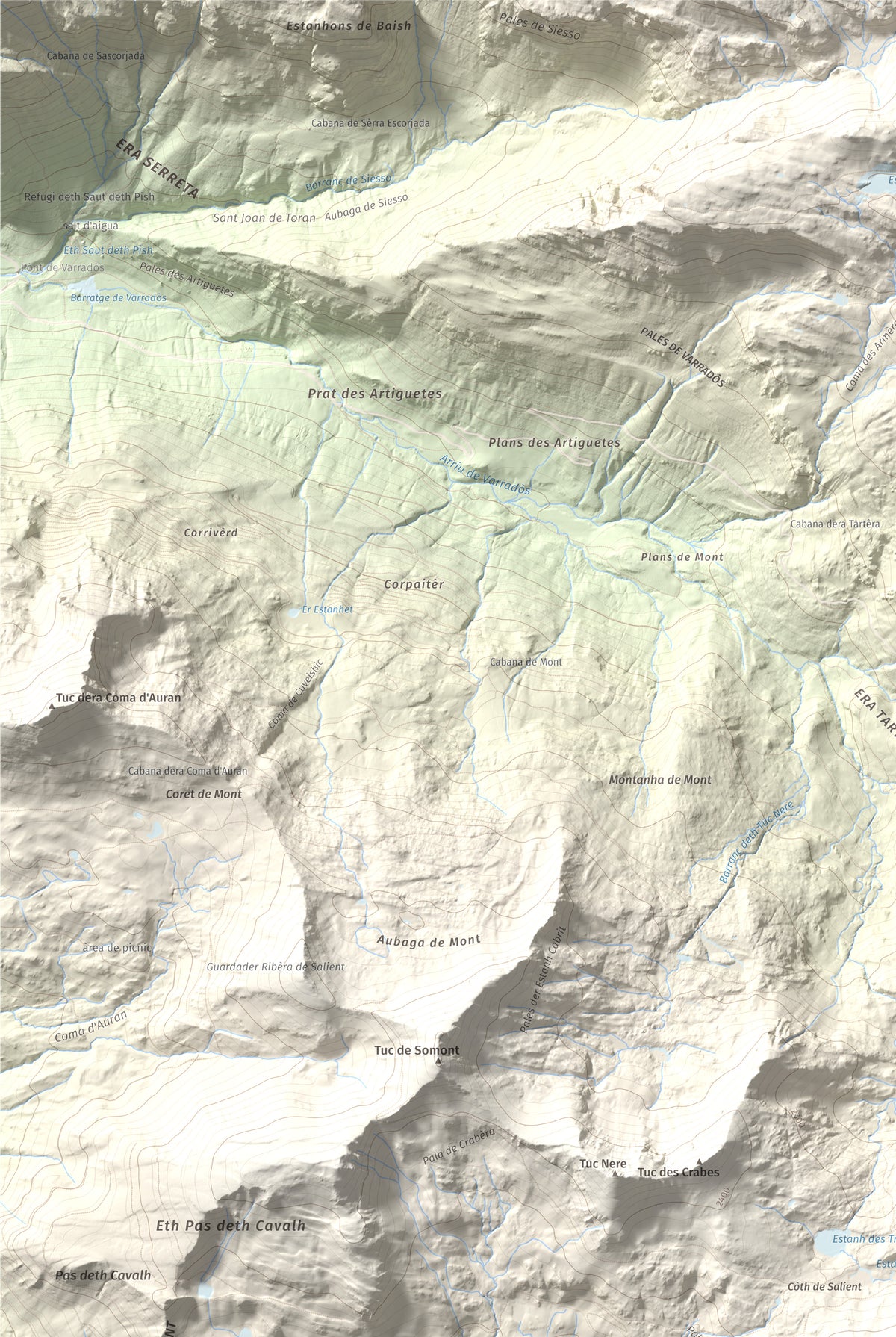 Mapa de relieve de Tuc dera Pincèla, 2536 m, Val d'Aran, lámina 100 Cims de Trobart. Detalle de la zona superior izquierda. 61 × 91 cm.