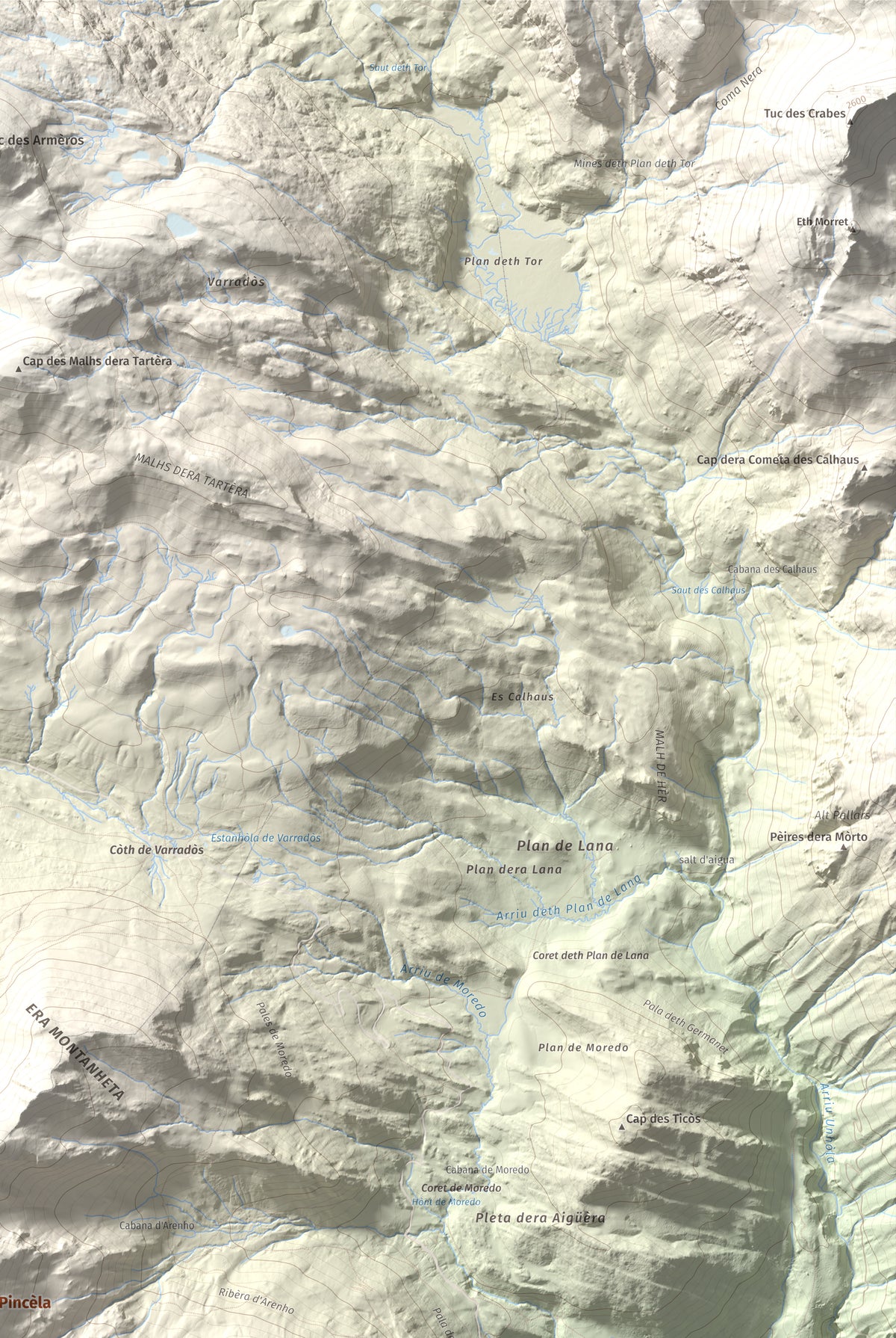Mapa de relieve de Tuc dera Pincèla, 2536 m, Val d'Aran, lámina 100 Cims de Trobart. Detalle de la zona superior derecha. 61 × 91 cm.