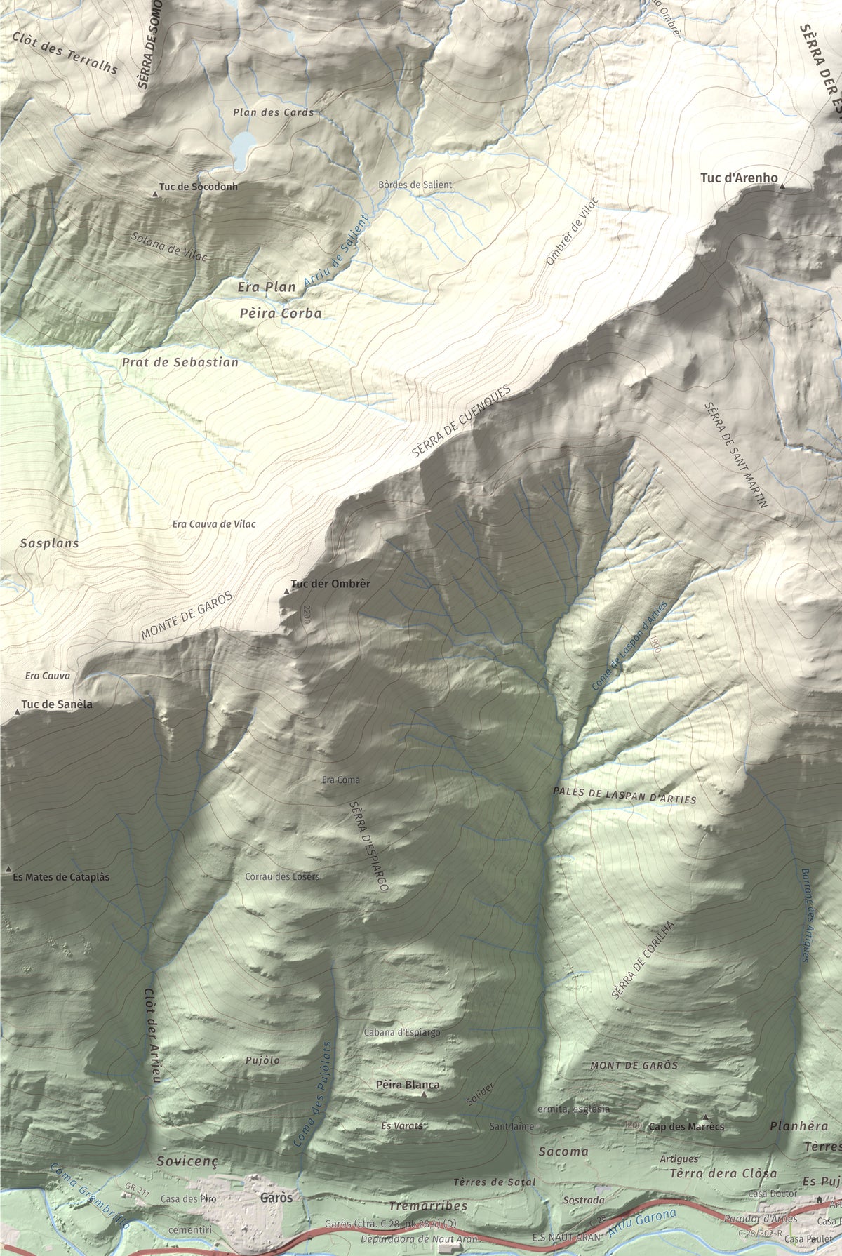 Mapa de relieve de Tuc dera Pincèla, 2536 m, Val d'Aran, lámina 100 Cims de Trobart. Detalle de la zona inferior izquierda. 61 × 91 cm.