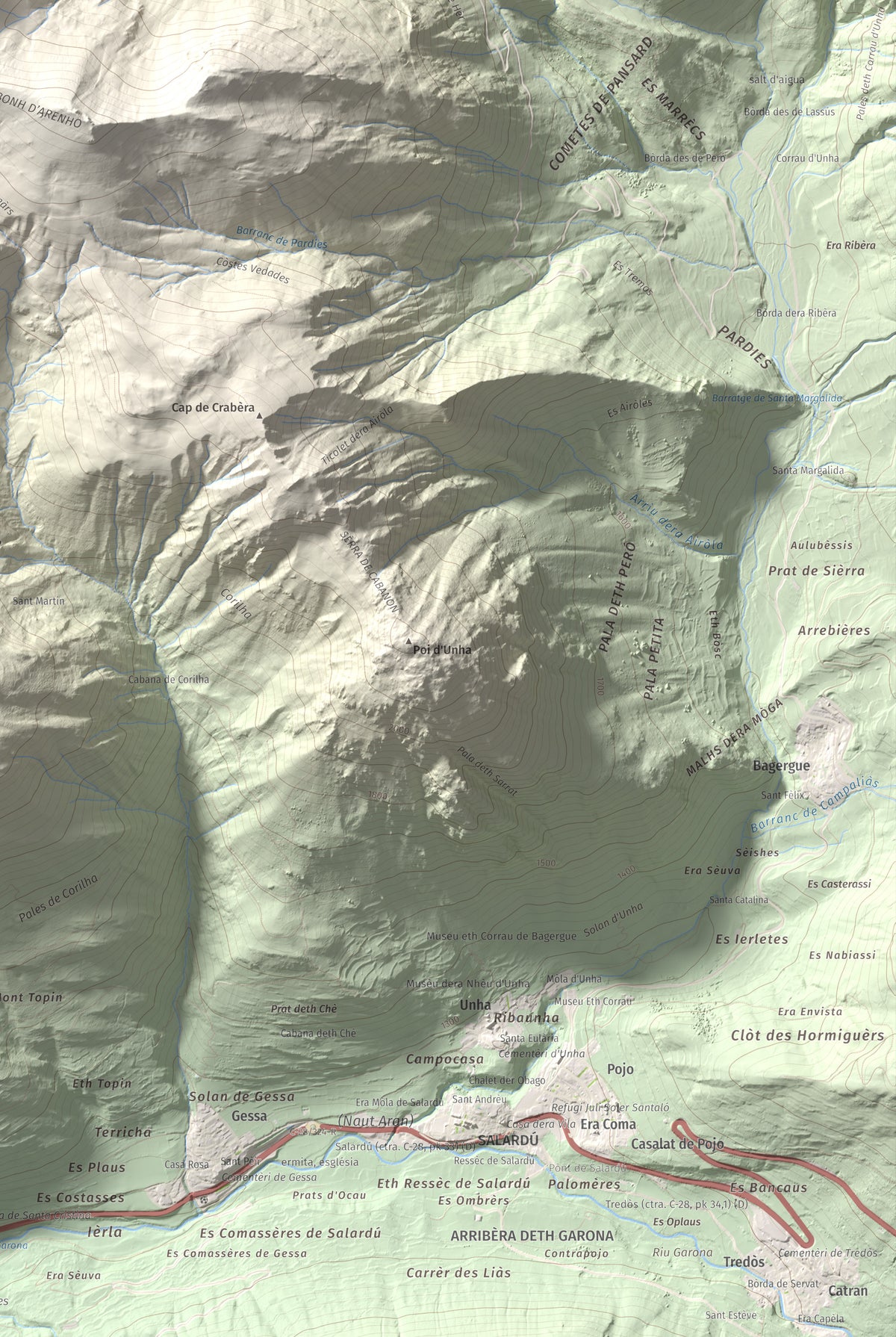 Mapa de relieve de Tuc dera Pincèla, 2536 m, Val d'Aran, lámina 100 Cims de Trobart. Detalle de la zona inferior derecha. 61 × 91 cm.