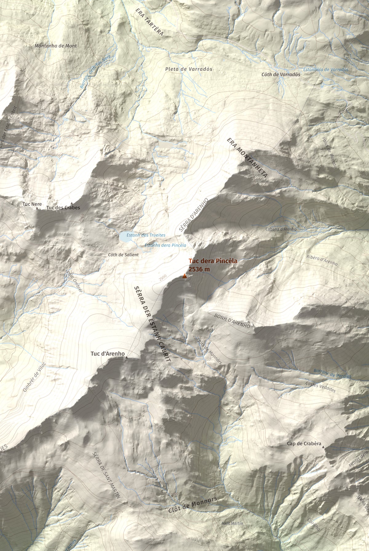 Mapa de relieve de Tuc dera Pincèla, 2536 m, Val d'Aran, lámina 100 Cims de Trobart. Detalle de la zona central. 61 × 91 cm.