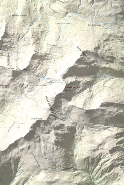 Mapa de relieve de Tuc dera Pincèla, 2536 m, Val d'Aran, lámina 100 Cims de Trobart. Detalle de la zona central. 61 × 91 cm.