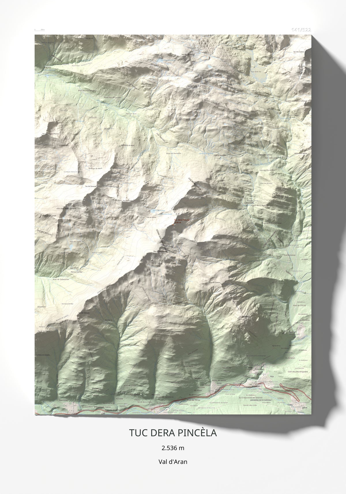 Mapa de relieve de Tuc dera Pincèla, 2536 m, Val d'Aran, lámina 100 Cims de Trobart 70 × 100 cm.