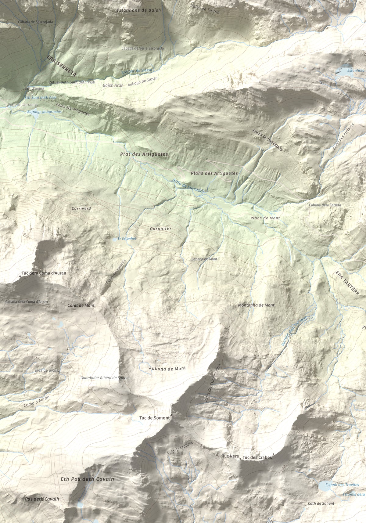 Mapa de relieve de Tuc dera Pincèla, 2536 m, Val d'Aran, lámina 100 Cims de Trobart. Detalle de la zona superior izquierda. 70 × 100 cm.