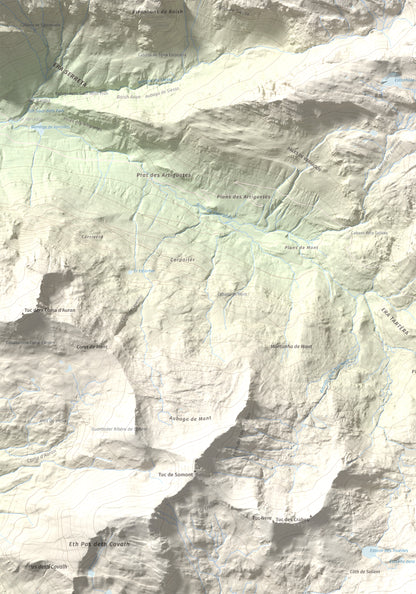 Mapa de relieve de Tuc dera Pincèla, 2536 m, Val d'Aran, lámina 100 Cims de Trobart. Detalle de la zona superior izquierda. 70 × 100 cm.