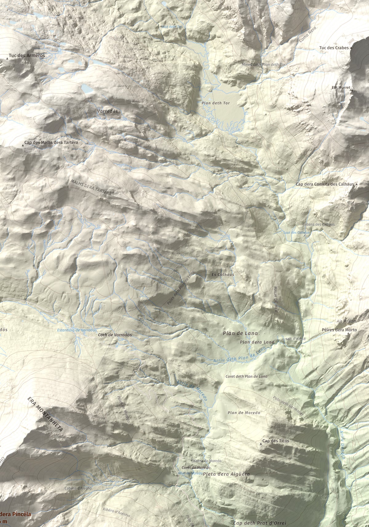 Mapa de relieve de Tuc dera Pincèla, 2536 m, Val d'Aran, lámina 100 Cims de Trobart. Detalle de la zona superior derecha. 70 × 100 cm.