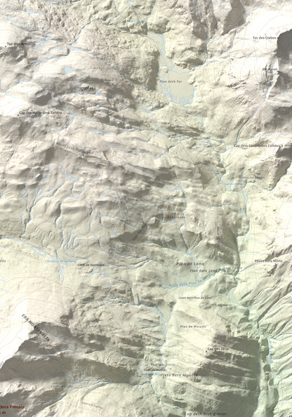Mapa de relieve de Tuc dera Pincèla, 2536 m, Val d'Aran, lámina 100 Cims de Trobart. Detalle de la zona superior derecha. 70 × 100 cm.