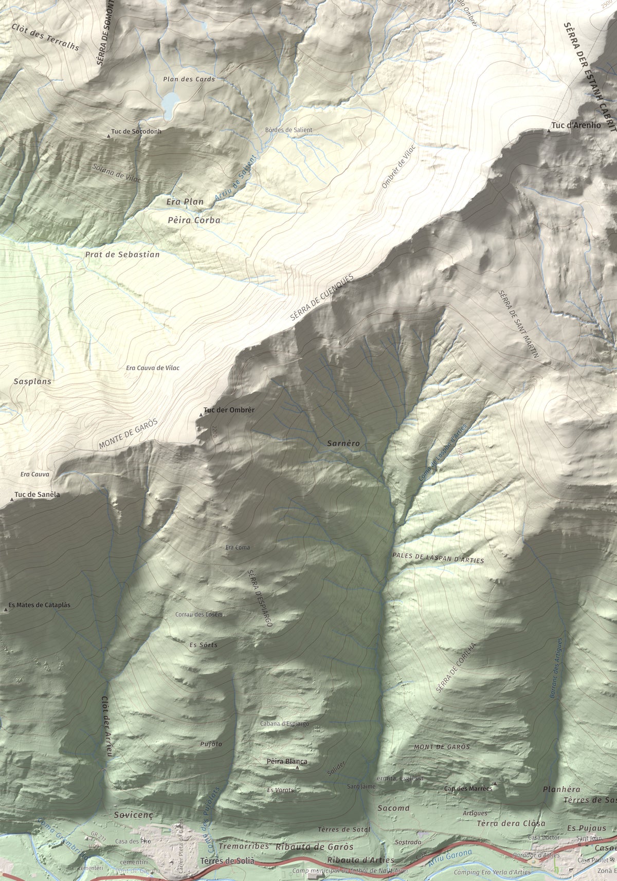 Mapa de relieve de Tuc dera Pincèla, 2536 m, Val d'Aran, lámina 100 Cims de Trobart. Detalle de la zona inferior izquierda. 70 × 100 cm.