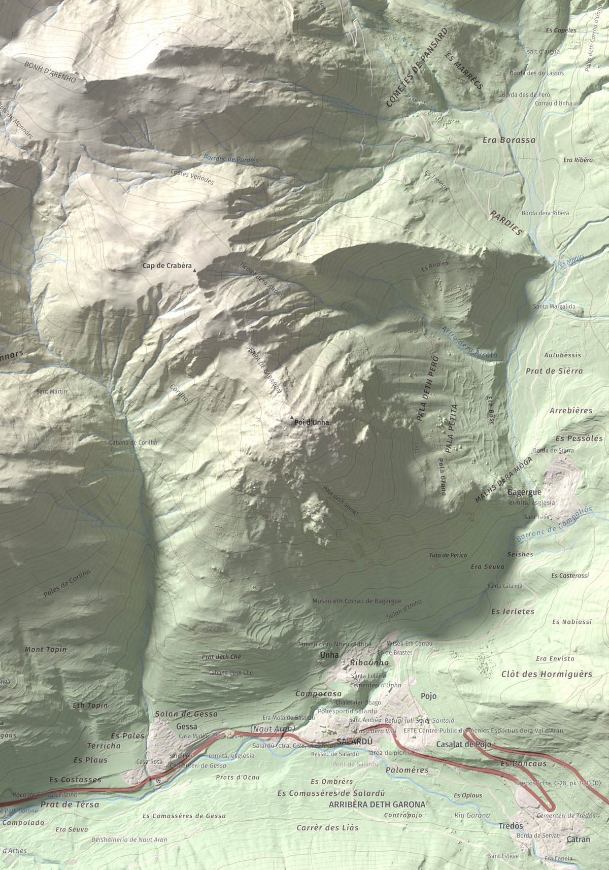 Mapa de relieve de Tuc dera Pincèla, 2536 m, Val d'Aran, lámina 100 Cims de Trobart. Detalle de la zona inferior derecha. 70 × 100 cm.