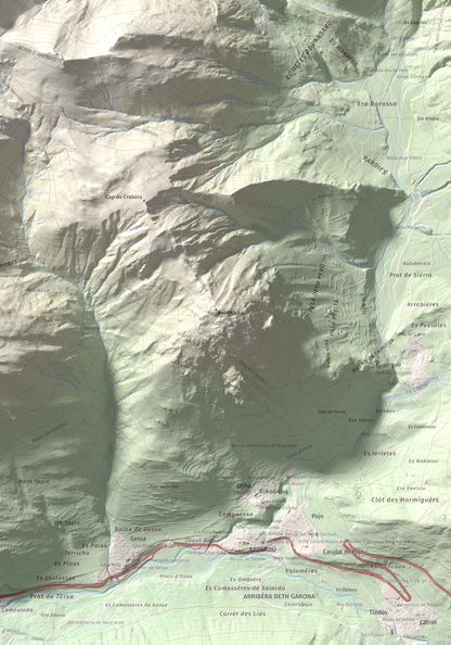 Mapa de relieve de Tuc dera Pincèla, 2536 m, Val d'Aran, lámina 100 Cims de Trobart. Detalle de la zona inferior derecha. 70 × 100 cm.