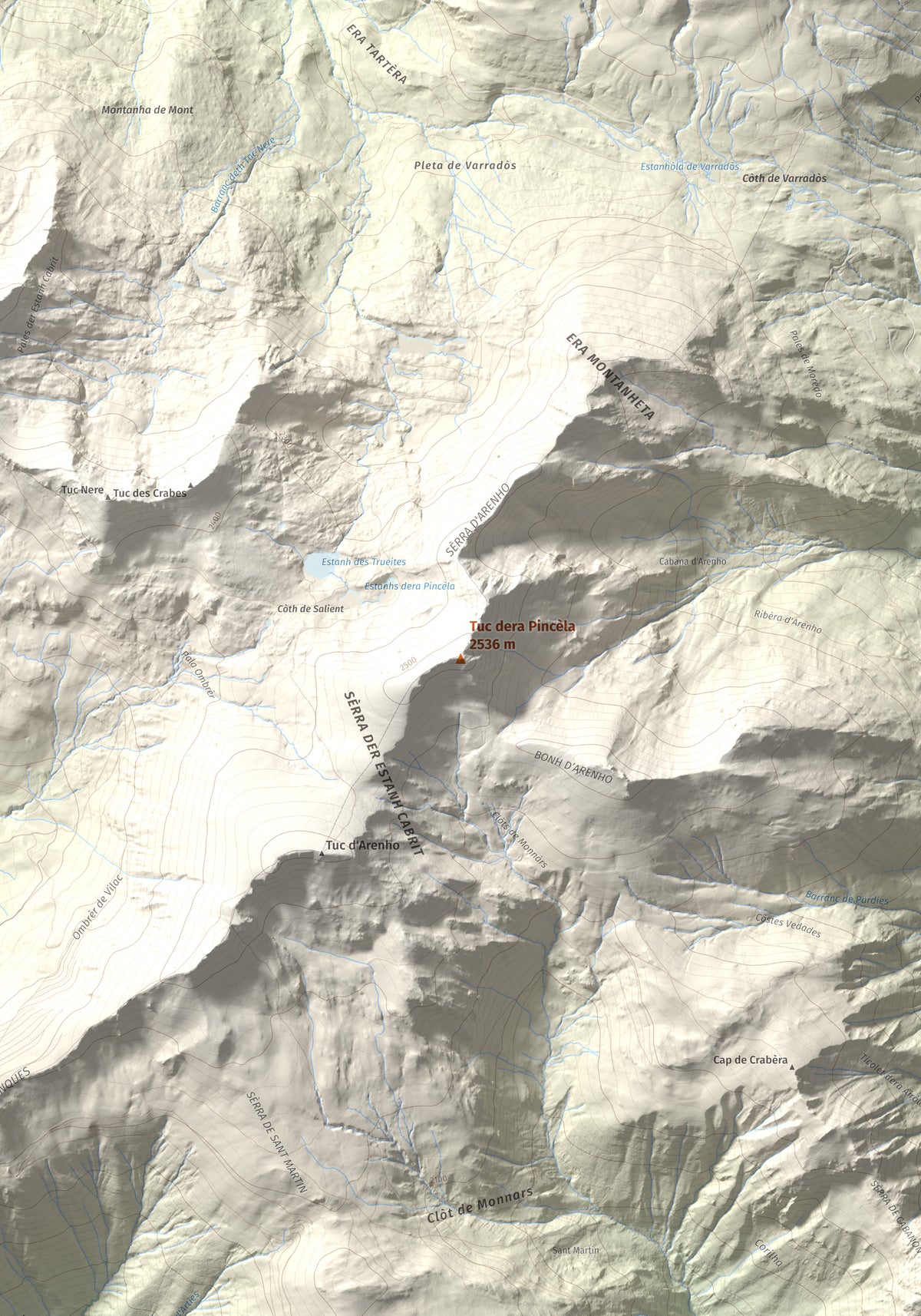 Mapa de relieve de Tuc dera Pincèla, 2536 m, Val d'Aran, lámina 100 Cims de Trobart. Detalle de la zona central. 70 × 100 cm.