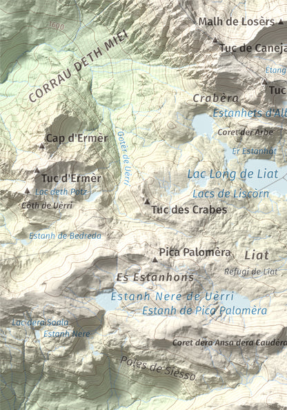 Mapa de relieve de Tuc des Armèros, 2534 m, Val d'Aran, lámina 100 Cims de Trobart. Detalle de la zona superior izquierda. 21 × 30 cm.