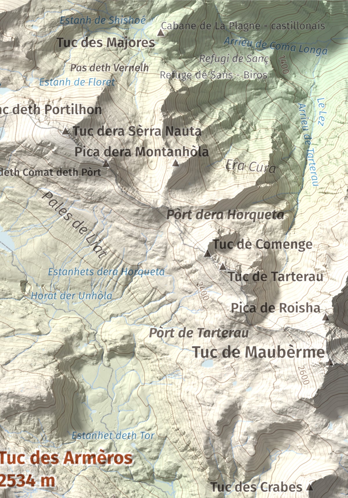 Mapa de relieve de Tuc des Armèros, 2534 m, Val d'Aran, lámina 100 Cims de Trobart. Detalle de la zona superior derecha. 21 × 30 cm.
