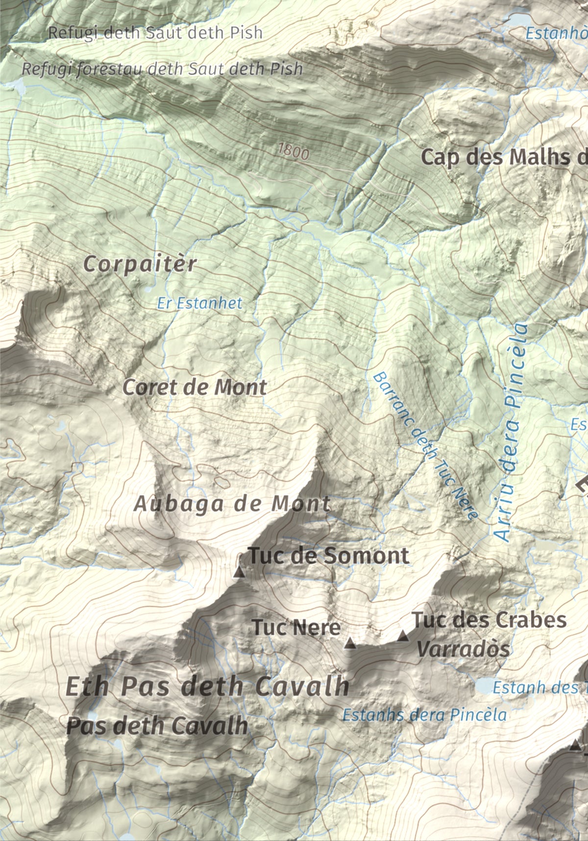 Mapa de relieve de Tuc des Armèros, 2534 m, Val d'Aran, lámina 100 Cims de Trobart. Detalle de la zona inferior izquierda. 21 × 30 cm.