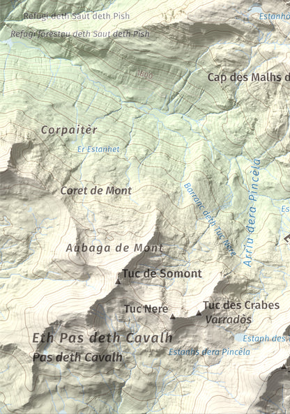 Mapa de relieve de Tuc des Armèros, 2534 m, Val d'Aran, lámina 100 Cims de Trobart. Detalle de la zona inferior izquierda. 21 × 30 cm.