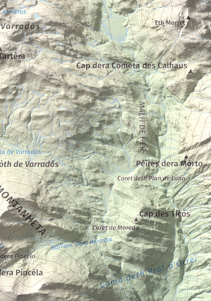 Mapa de relieve de Tuc des Armèros, 2534 m, Val d'Aran, lámina 100 Cims de Trobart. Detalle de la zona inferior derecha. 21 × 30 cm.
