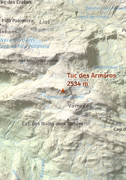 Mapa de relieve de Tuc des Armèros, 2534 m, Val d'Aran, lámina 100 Cims de Trobart. Detalle de la zona central. 21 × 30 cm.