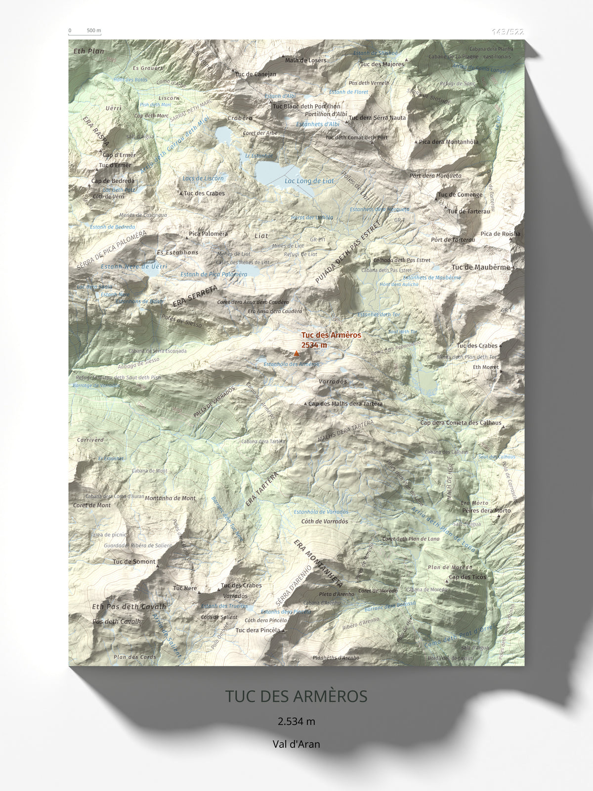 Mapa de relieve de Tuc des Armèros, 2534 m, Val d'Aran, lámina 100 Cims de Trobart 30 × 40 cm.