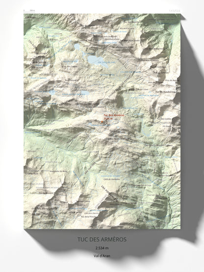 Mapa de relieve de Tuc des Armèros, 2534 m, Val d'Aran, lámina 100 Cims de Trobart 30 × 40 cm.