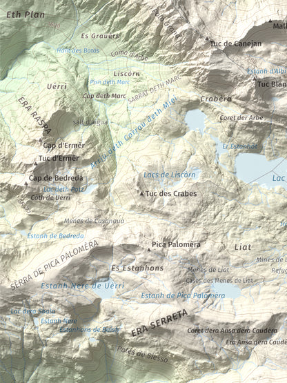 Mapa de relieve de Tuc des Armèros, 2534 m, Val d'Aran, lámina 100 Cims de Trobart. Detalle de la zona superior izquierda. 30 × 40 cm.