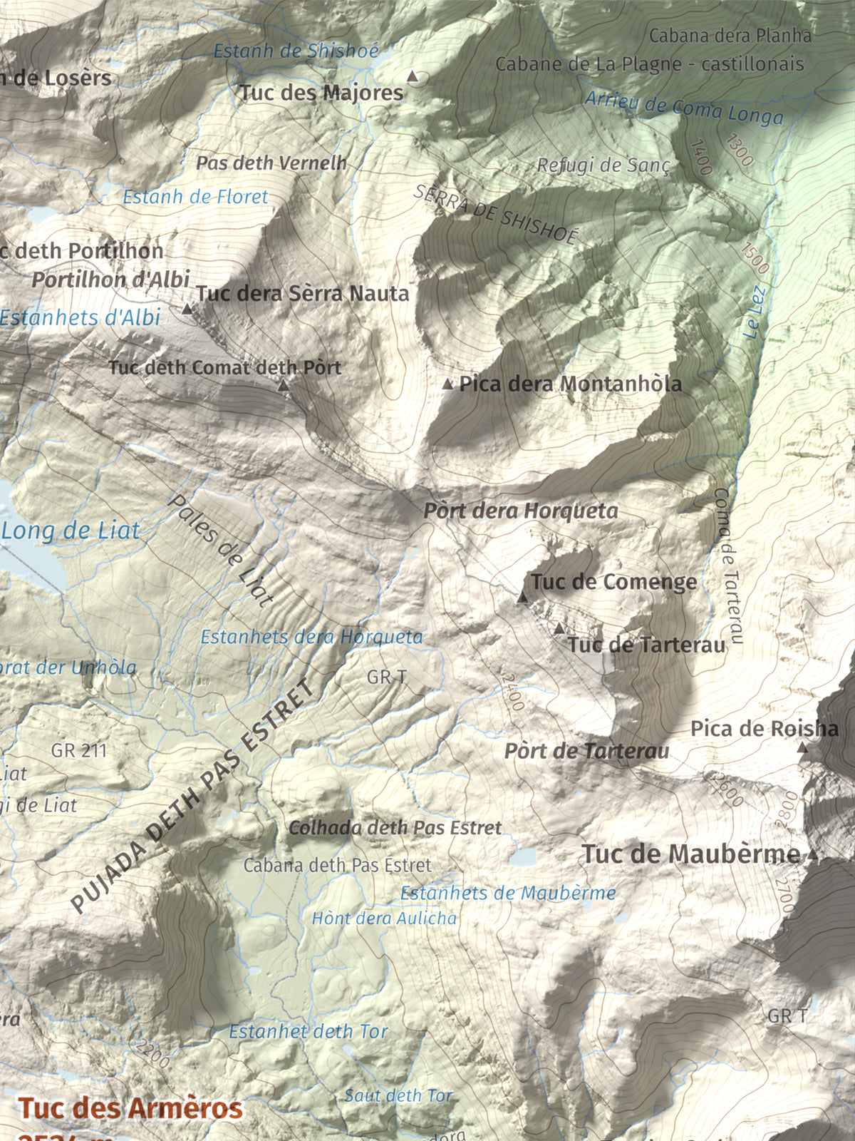 Mapa de relieve de Tuc des Armèros, 2534 m, Val d'Aran, lámina 100 Cims de Trobart. Detalle de la zona superior derecha. 30 × 40 cm.