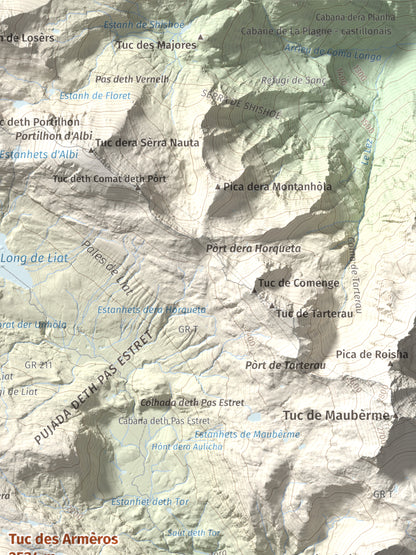 Mapa de relieve de Tuc des Armèros, 2534 m, Val d'Aran, lámina 100 Cims de Trobart. Detalle de la zona superior derecha. 30 × 40 cm.