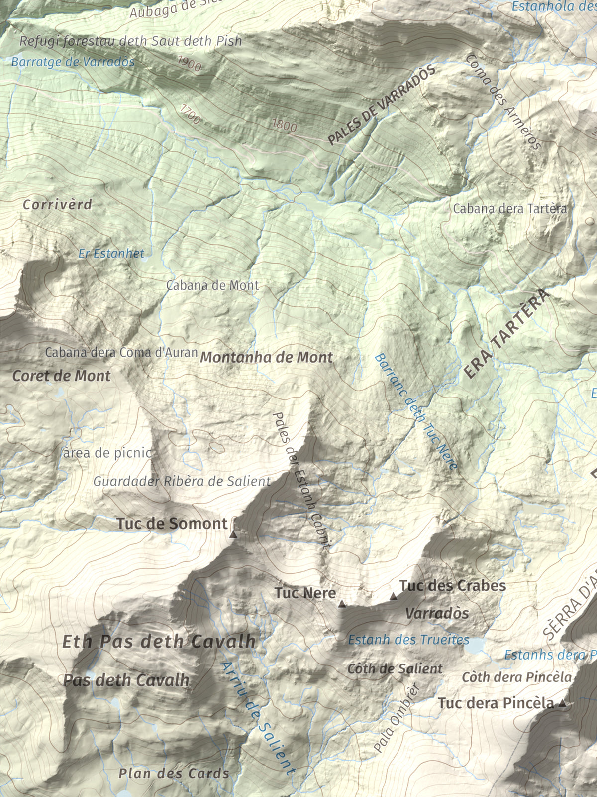 Mapa de relieve de Tuc des Armèros, 2534 m, Val d'Aran, lámina 100 Cims de Trobart. Detalle de la zona inferior izquierda. 30 × 40 cm.