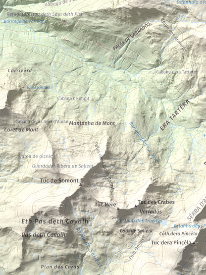 Mapa de relieve de Tuc des Armèros, 2534 m, Val d'Aran, lámina 100 Cims de Trobart. Detalle de la zona inferior izquierda. 30 × 40 cm.