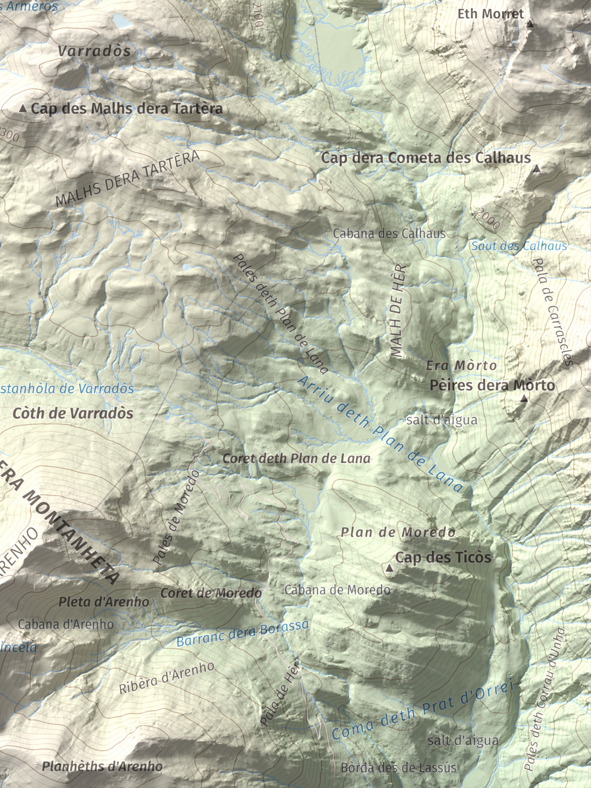 Mapa de relieve de Tuc des Armèros, 2534 m, Val d'Aran, lámina 100 Cims de Trobart. Detalle de la zona inferior derecha. 30 × 40 cm.