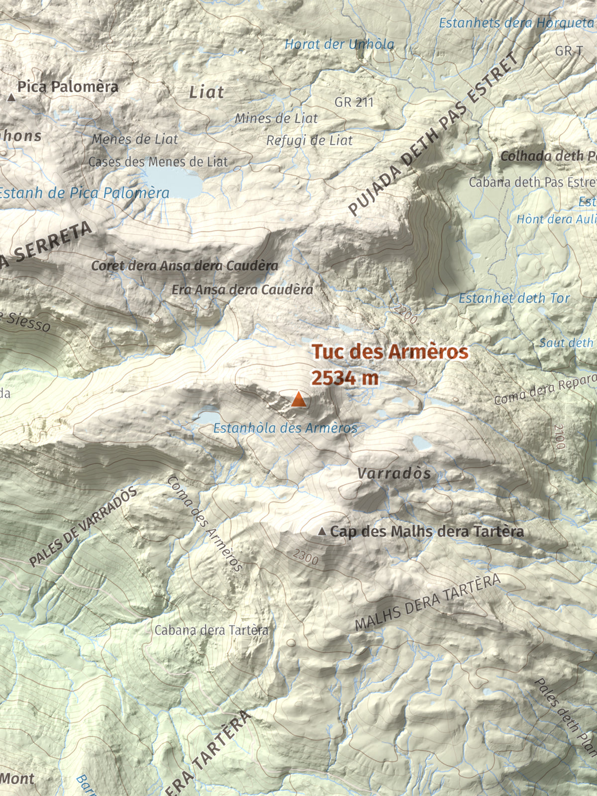 Mapa de relieve de Tuc des Armèros, 2534 m, Val d'Aran, lámina 100 Cims de Trobart. Detalle de la zona central. 30 × 40 cm.