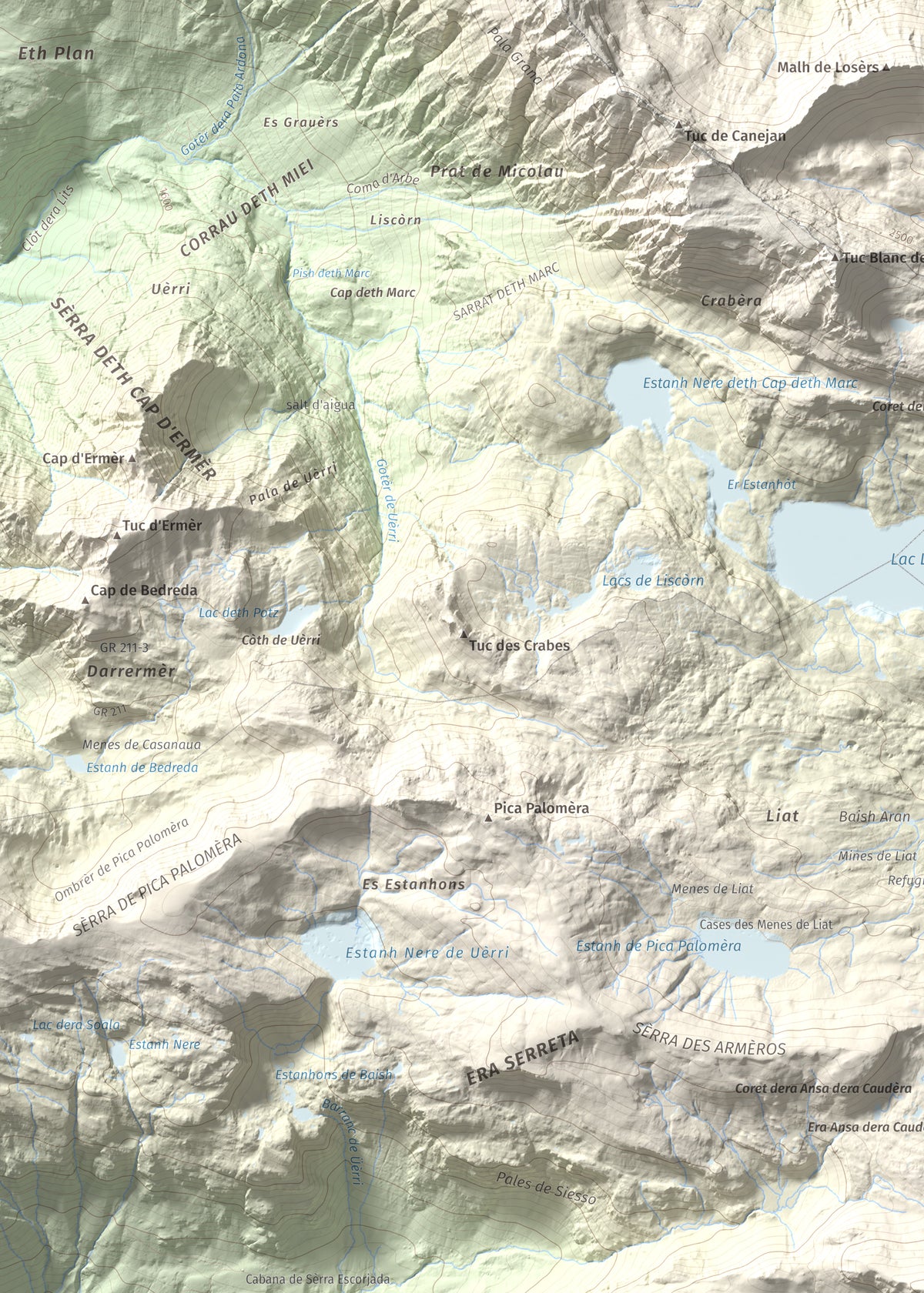 Mapa de relieve de Tuc des Armèros, 2534 m, Val d'Aran, lámina 100 Cims de Trobart. Detalle de la zona superior izquierda. 50 × 70 cm.