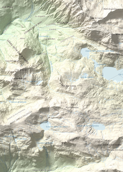 Mapa de relieve de Tuc des Armèros, 2534 m, Val d'Aran, lámina 100 Cims de Trobart. Detalle de la zona superior izquierda. 50 × 70 cm.