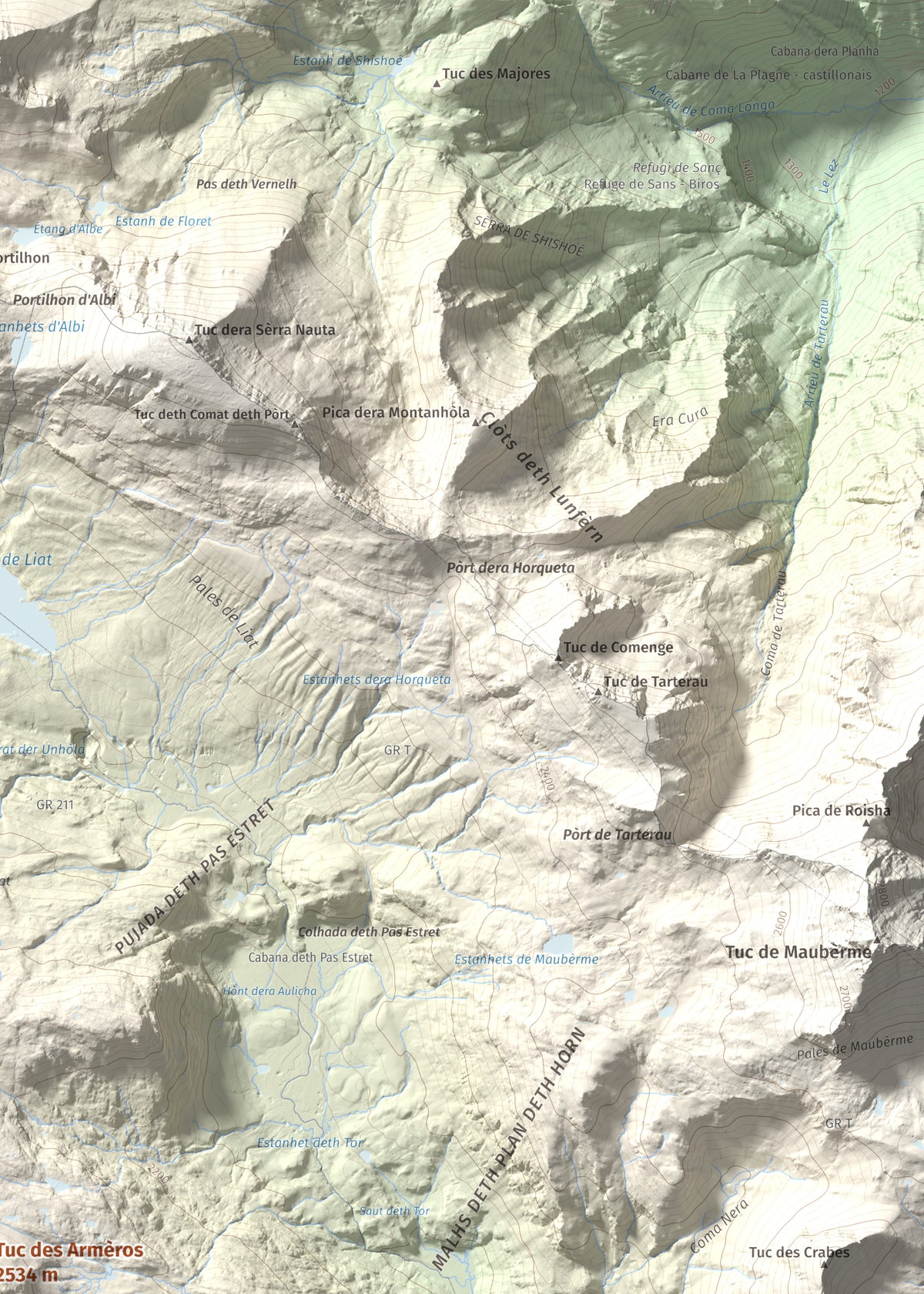 Mapa de relieve de Tuc des Armèros, 2534 m, Val d'Aran, lámina 100 Cims de Trobart. Detalle de la zona superior derecha. 50 × 70 cm.