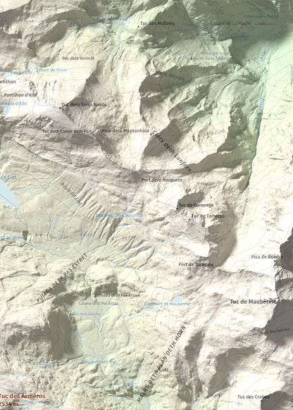 Mapa de relieve de Tuc des Armèros, 2534 m, Val d'Aran, lámina 100 Cims de Trobart. Detalle de la zona superior derecha. 50 × 70 cm.
