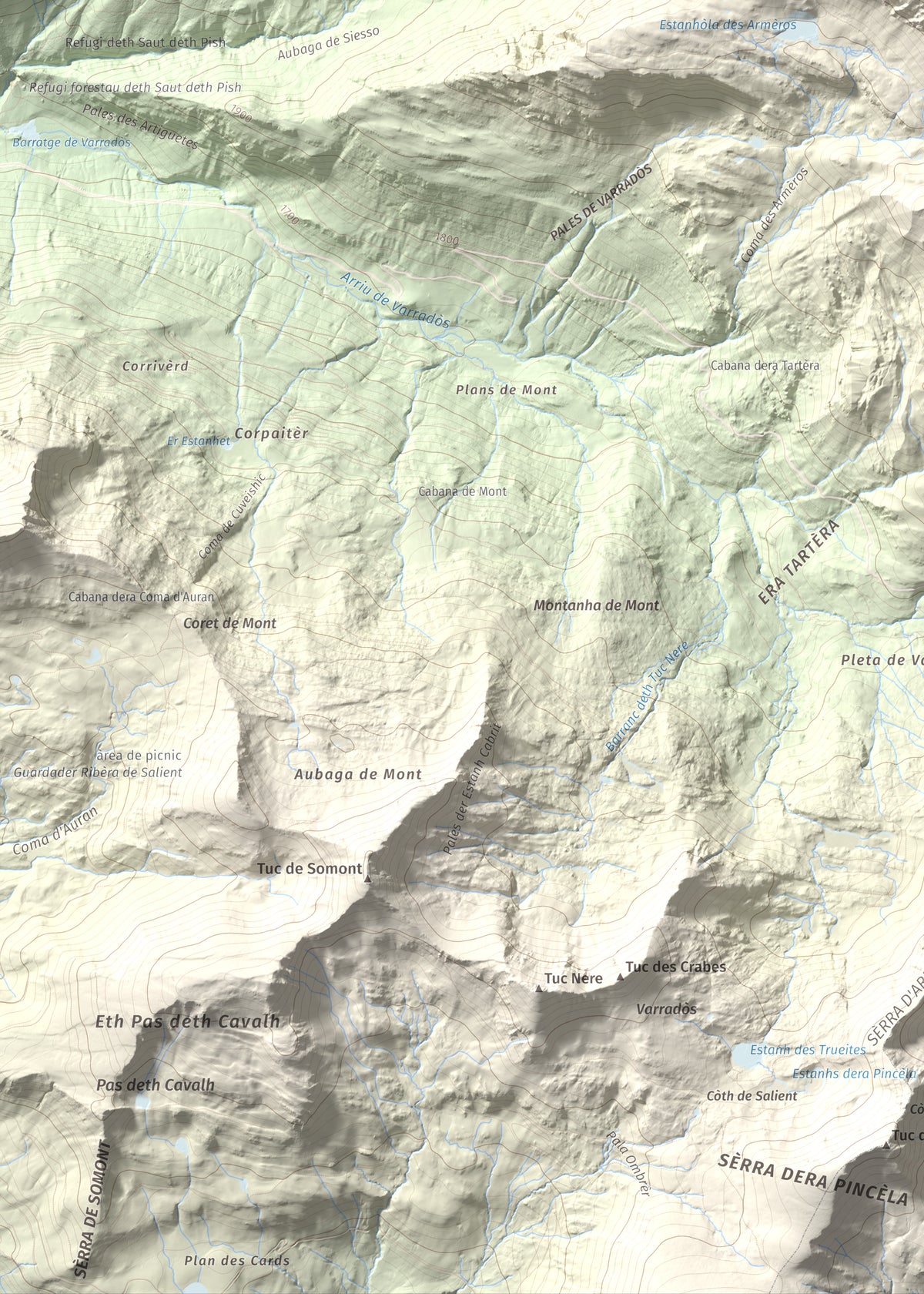 Mapa de relieve de Tuc des Armèros, 2534 m, Val d'Aran, lámina 100 Cims de Trobart. Detalle de la zona inferior izquierda. 50 × 70 cm.