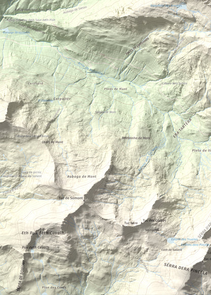 Mapa de relieve de Tuc des Armèros, 2534 m, Val d'Aran, lámina 100 Cims de Trobart. Detalle de la zona inferior izquierda. 50 × 70 cm.