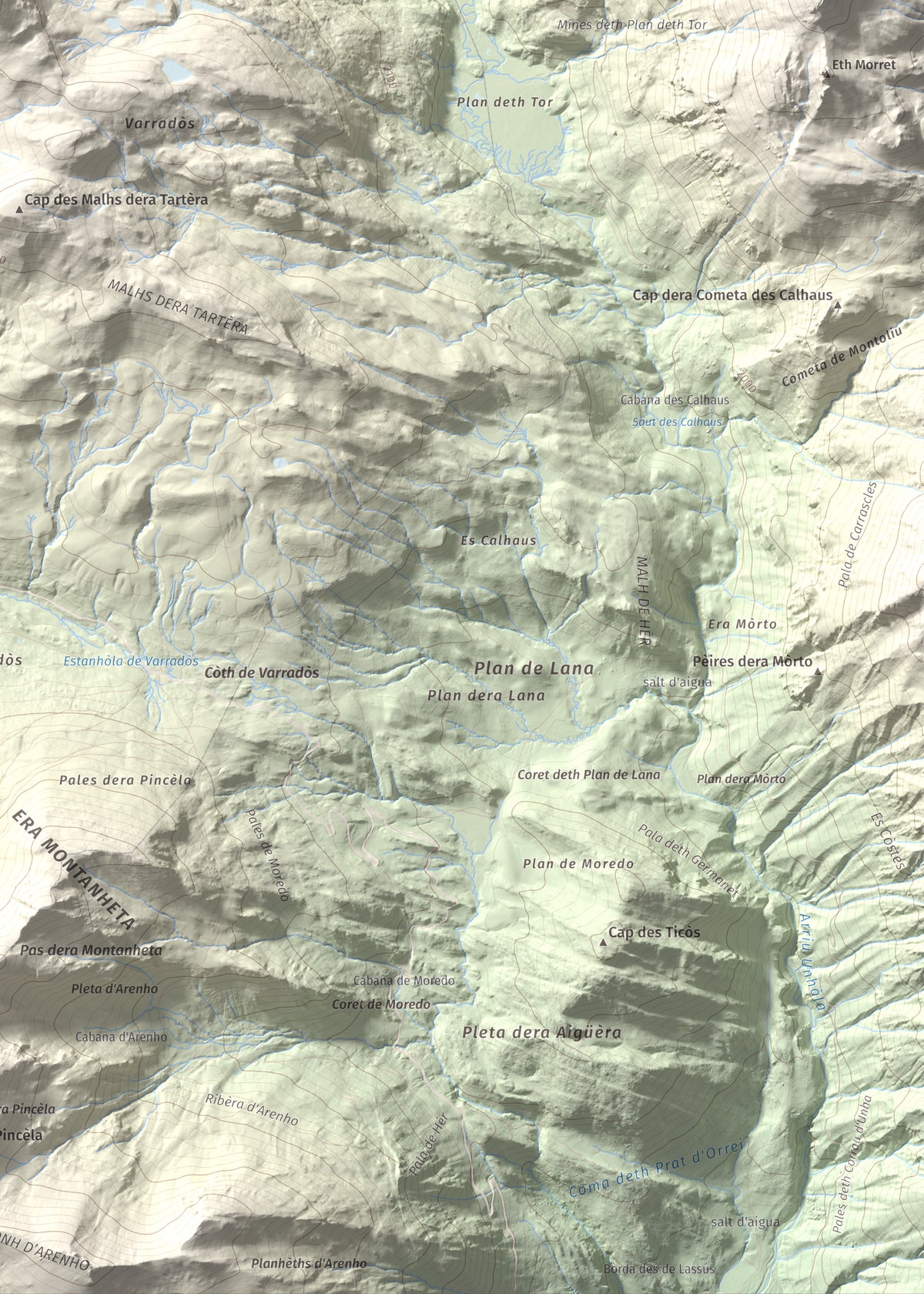 Mapa de relieve de Tuc des Armèros, 2534 m, Val d'Aran, lámina 100 Cims de Trobart. Detalle de la zona inferior derecha. 50 × 70 cm.
