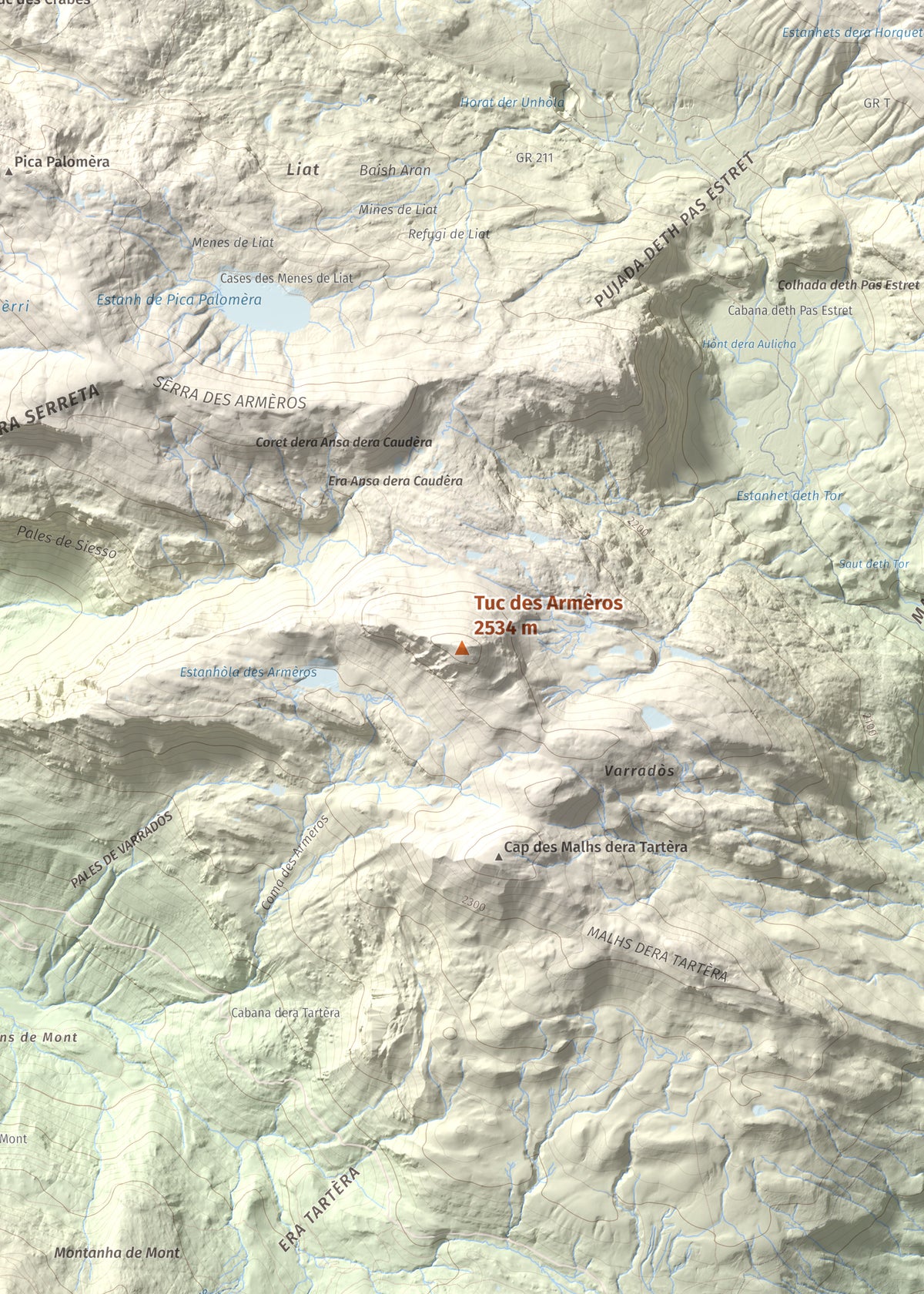 Mapa de relieve de Tuc des Armèros, 2534 m, Val d'Aran, lámina 100 Cims de Trobart. Detalle de la zona central. 50 × 70 cm.