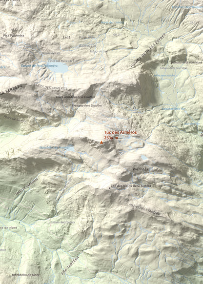 Mapa de relieve de Tuc des Armèros, 2534 m, Val d'Aran, lámina 100 Cims de Trobart. Detalle de la zona central. 50 × 70 cm.